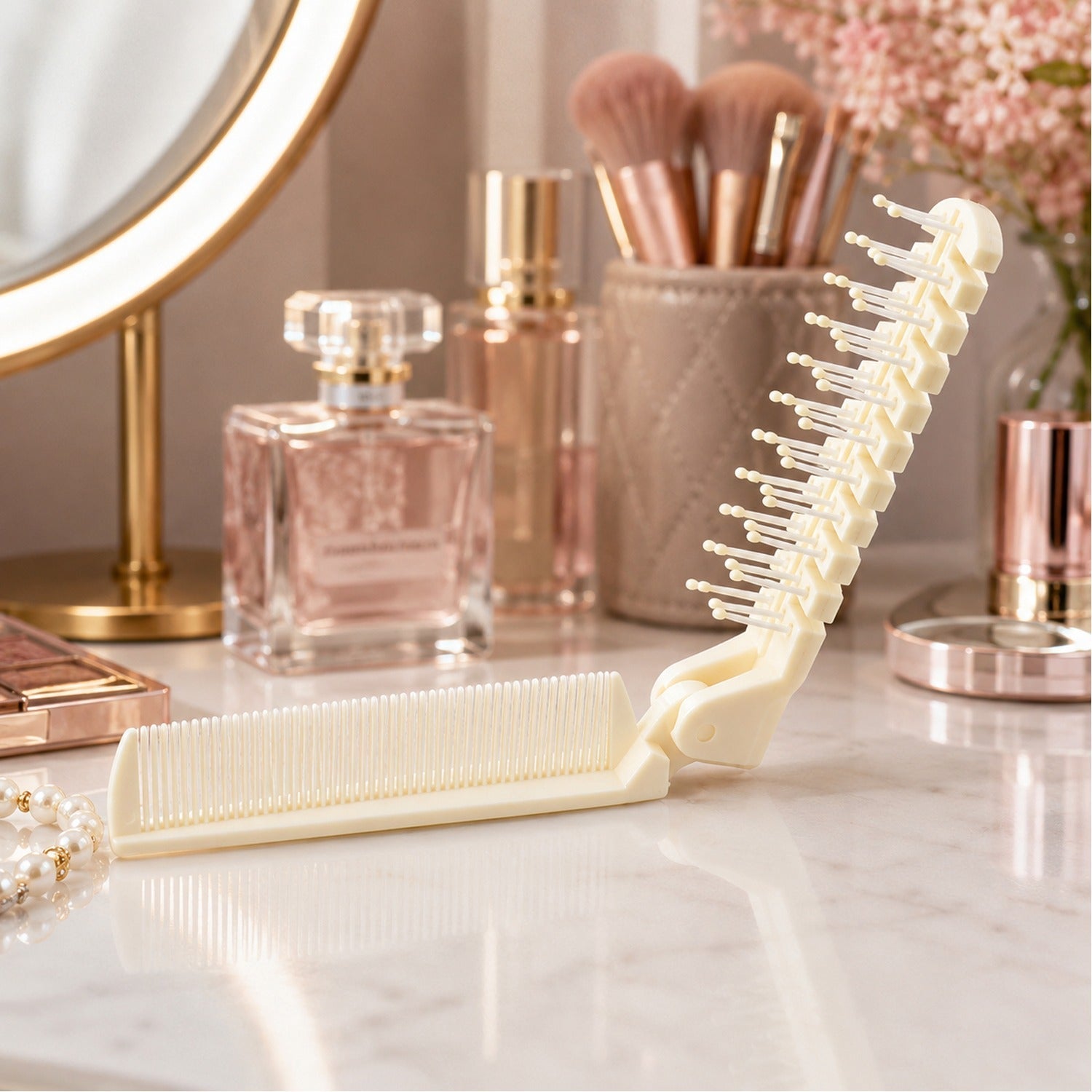 Person holding the foldable 2-in-1 hair comb & brush