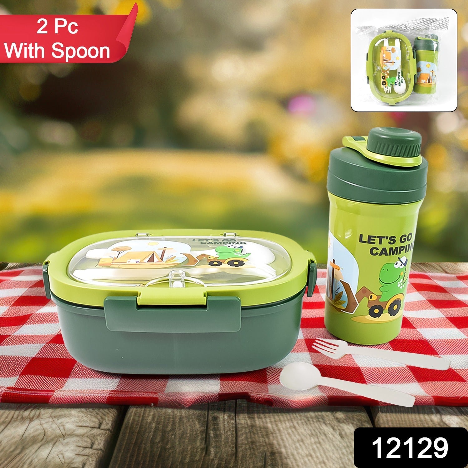 Overhead view of the blue 3 compartment lunch box with its matching water bottle and utensils.