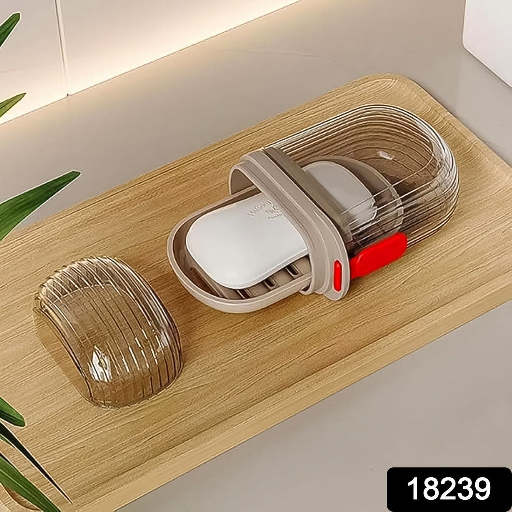 Portable soap case shown open, highlighting the double-layer drainage design for keeping soap dry.