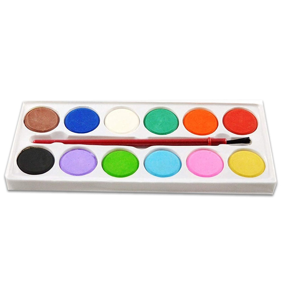 Top-down view of a compact 12-shade watercolor kit with a paint brush, ideal for travel.