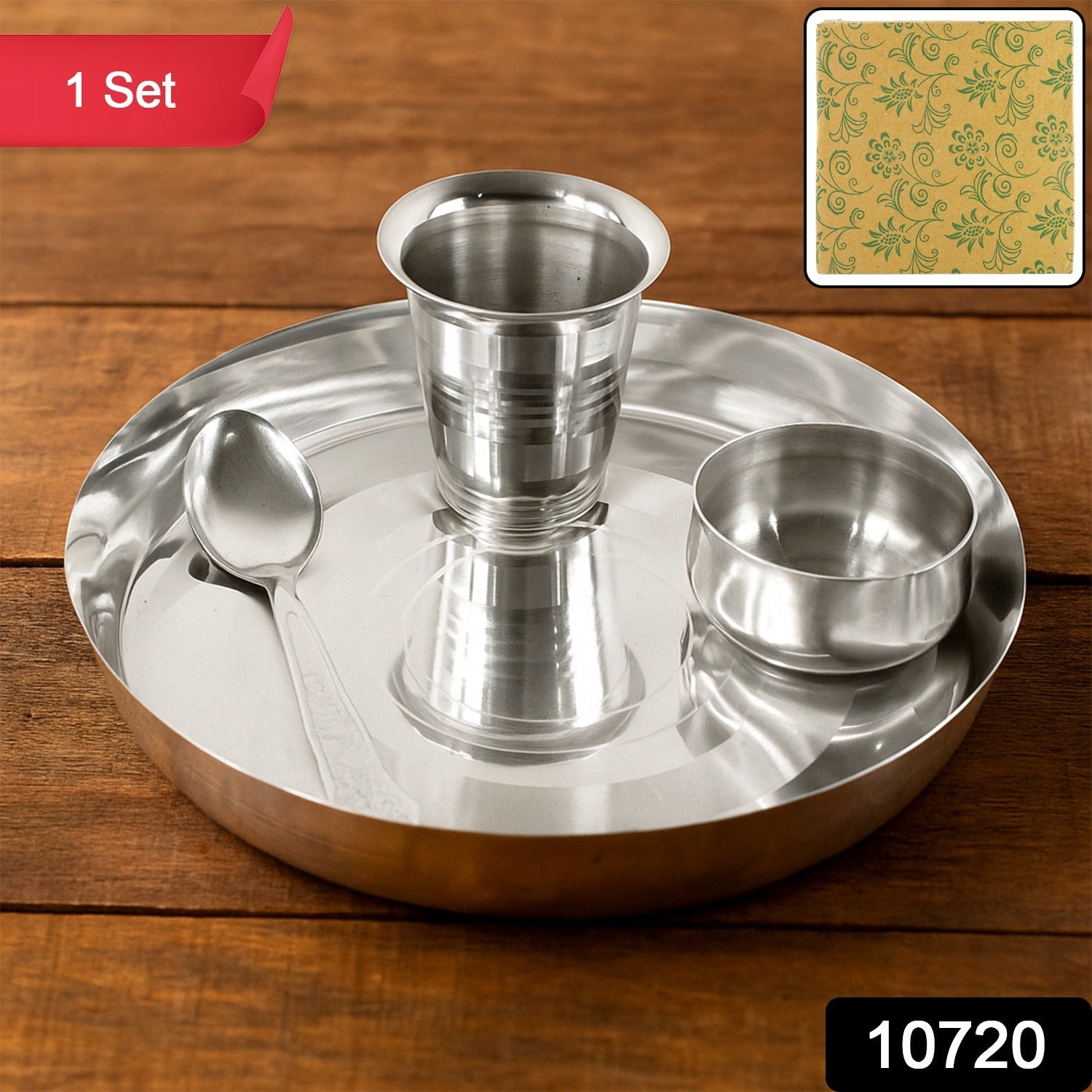Traditional Indian meal served on a stainless steel thali set.