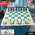 Rolled-up vinyl chessboard showing portability of chess set with plastic pieces