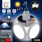 Solar Camping Light conveniently hooked inside a tent for overhead illumination.