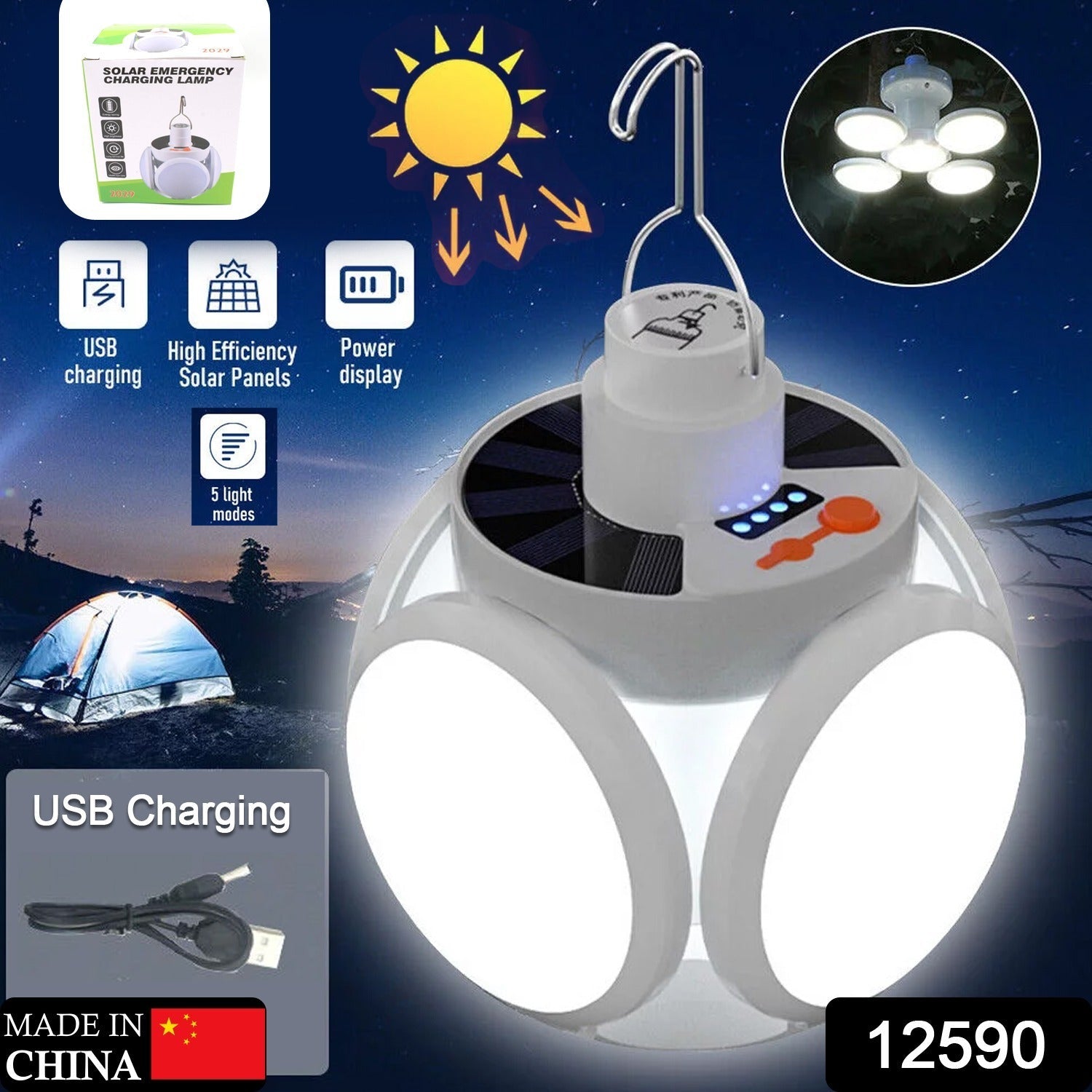 Solar Camping Light conveniently hooked inside a tent for overhead illumination.