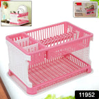 Close-up of the durable plastic kitchen organizer rack holding dishes and cutlery