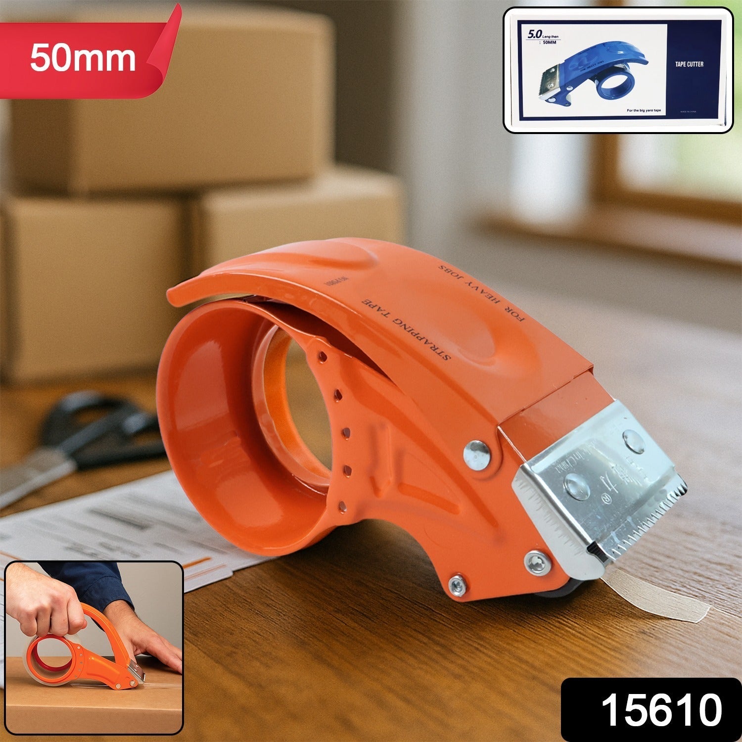Ergonomic heavy-duty tape dispenser with sharp steel cutter.