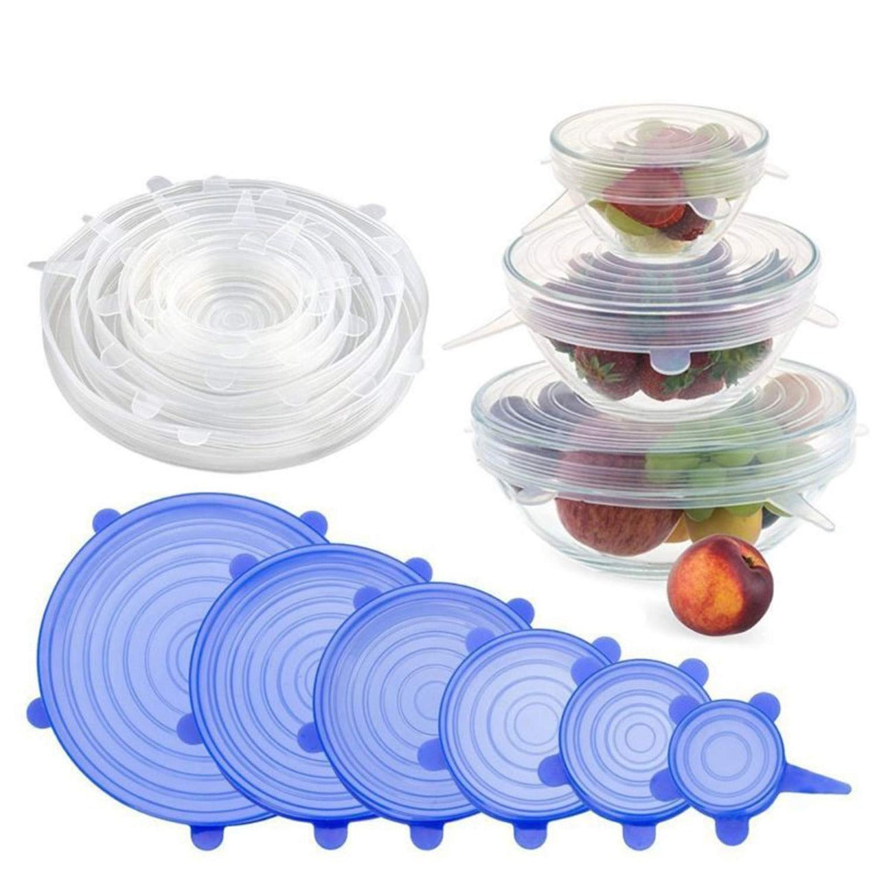 Assorted sizes of reusable silicone stretch lids neatly stacked.