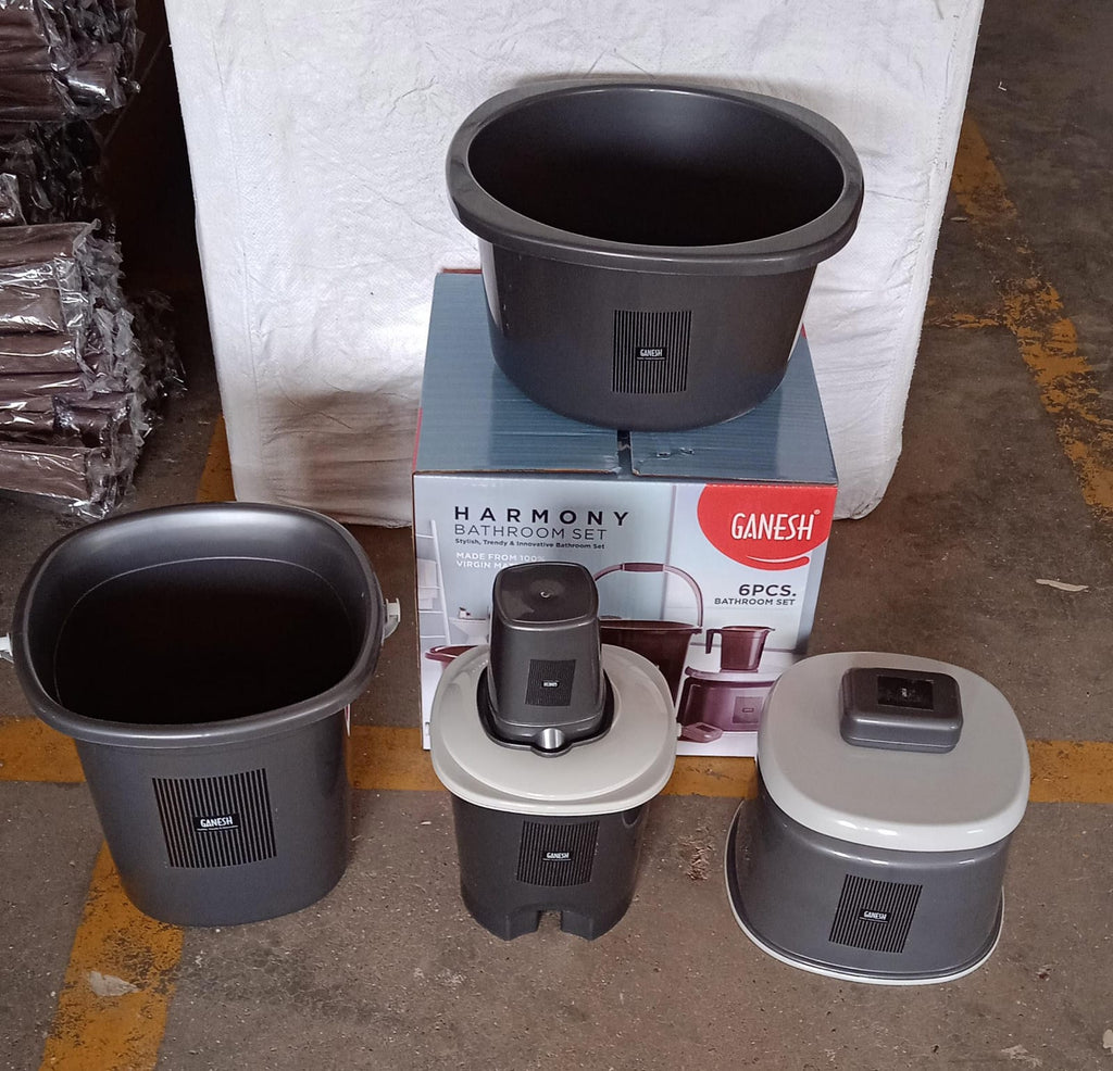 Complete 6-piece plastic bathroom set with basin and dustbin
