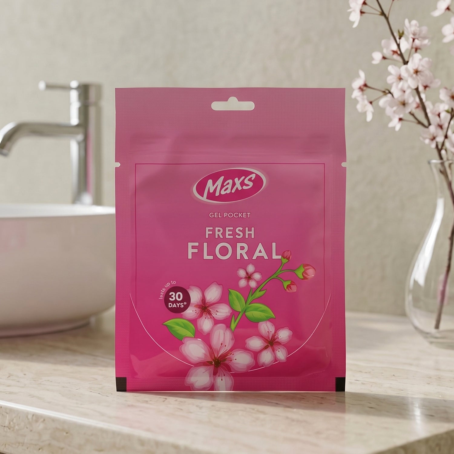 Maxs Gel Air Freshener in a bathroom setting, demonstrating its versatile use.