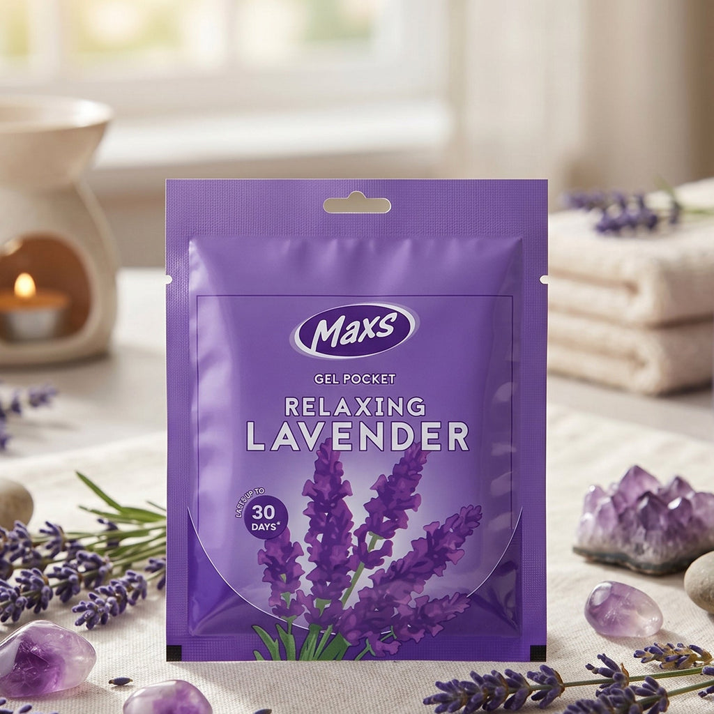 Maxs Lavender Gel Air Freshener shown in a bathroom setting.