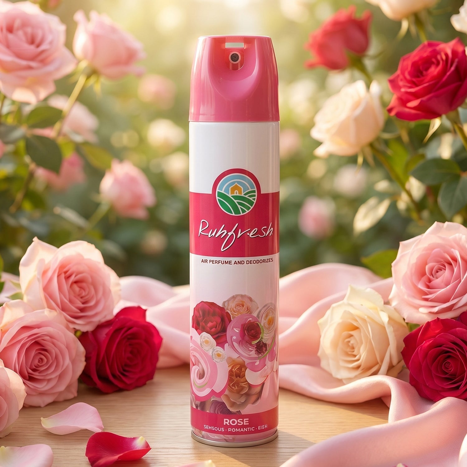 Side view of rose air freshener spray bottle