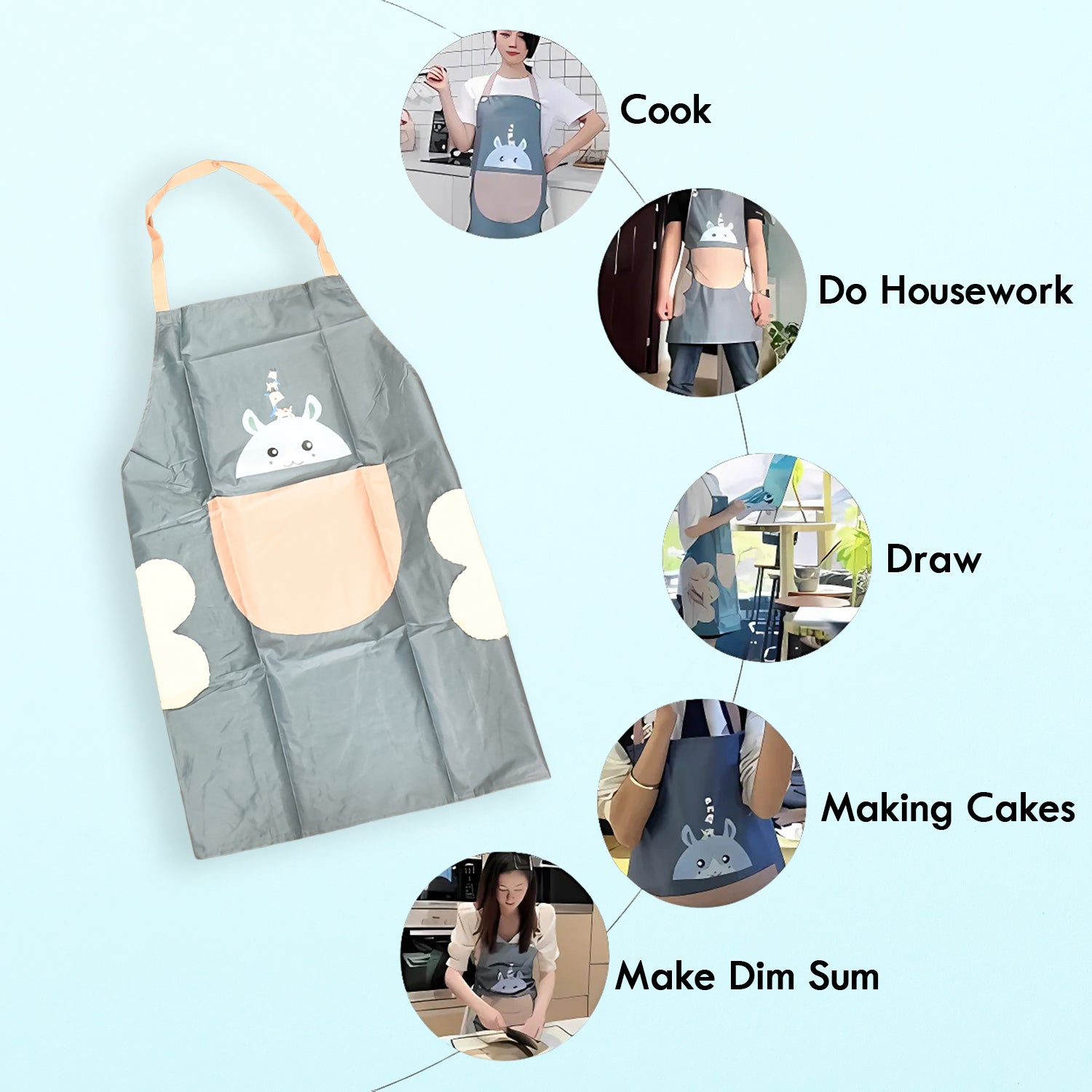 Front view of cartoon animal kitchen apron with adjustable strap