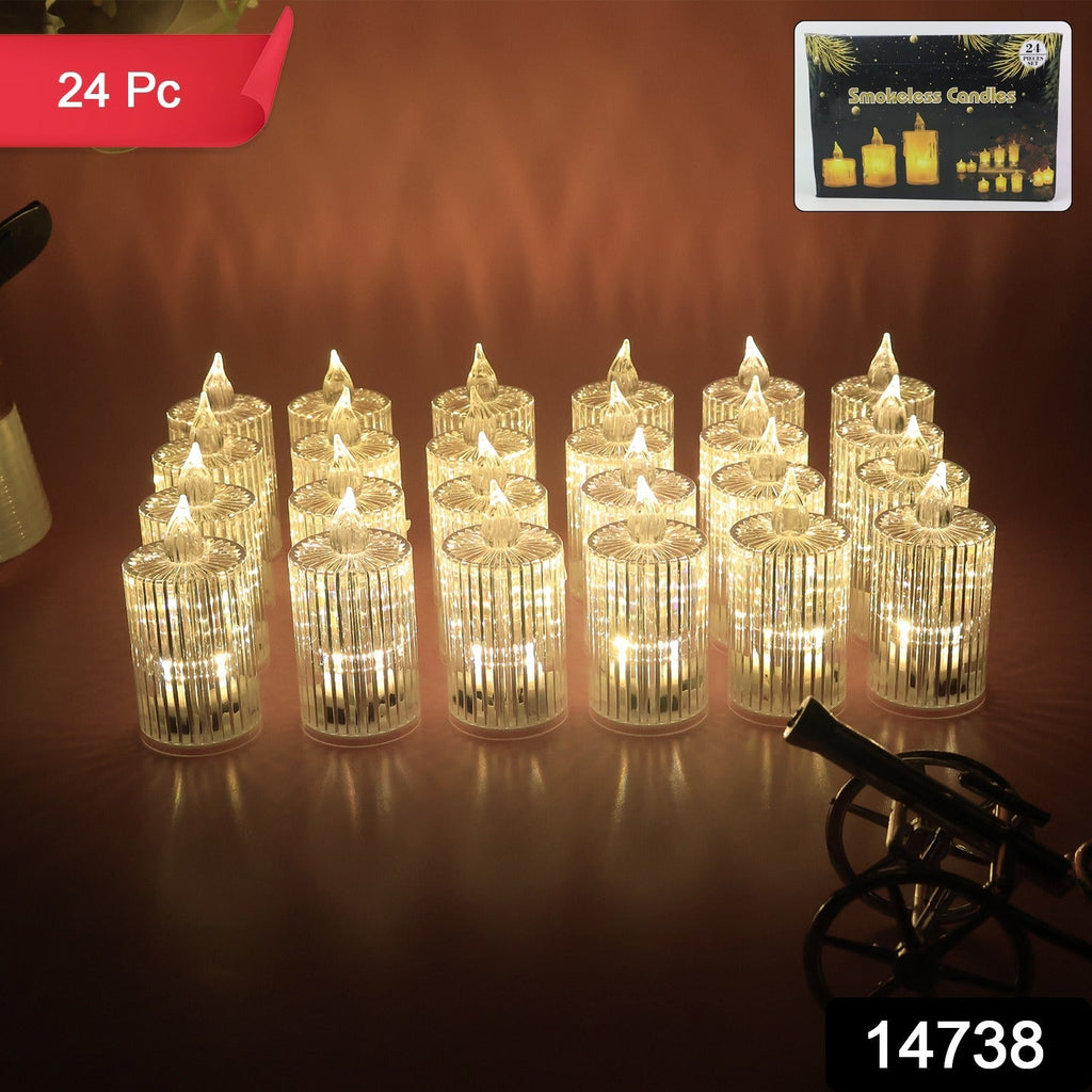 Close-up of smokeless LED flameless decorative candles with glowing flickering flame effect