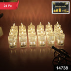 Close-up of smokeless LED flameless decorative candles with glowing flickering flame effect