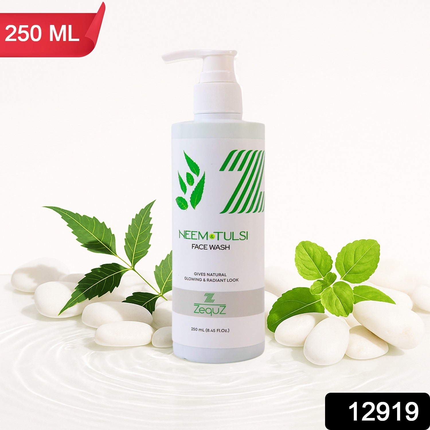 Neem and Tulsi leaves alongside Neem & Tulsi Face Wash representing natural ingredients