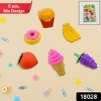 Close-up of a colorful assortment of 3D dessert erasers for kids' stationery.