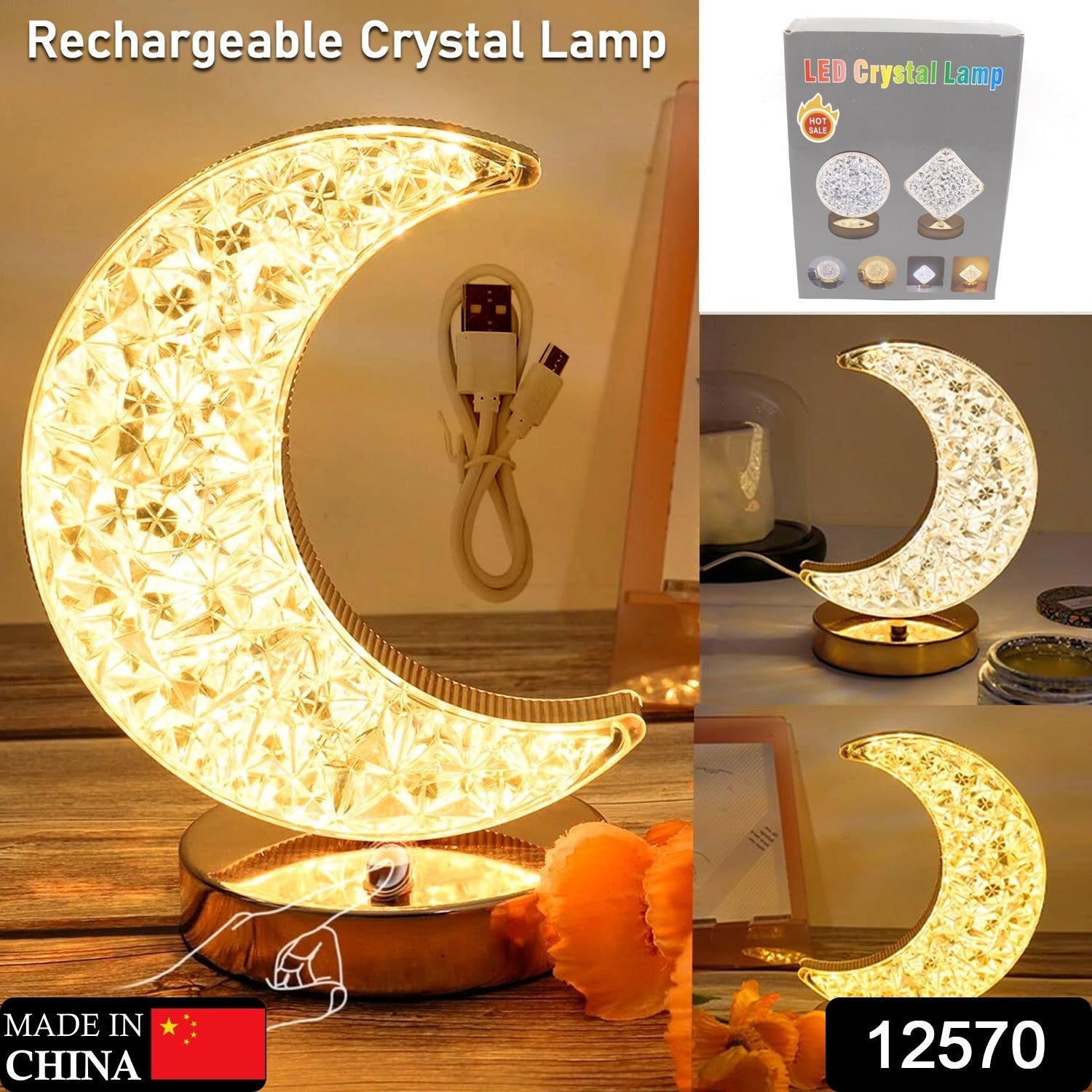 Moon-shaped touch control lamp casting a soft glow on a wooden bedside table.
