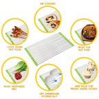 CookAura portable roll-up dish drying rack, shown in a modern kitchen setting.
