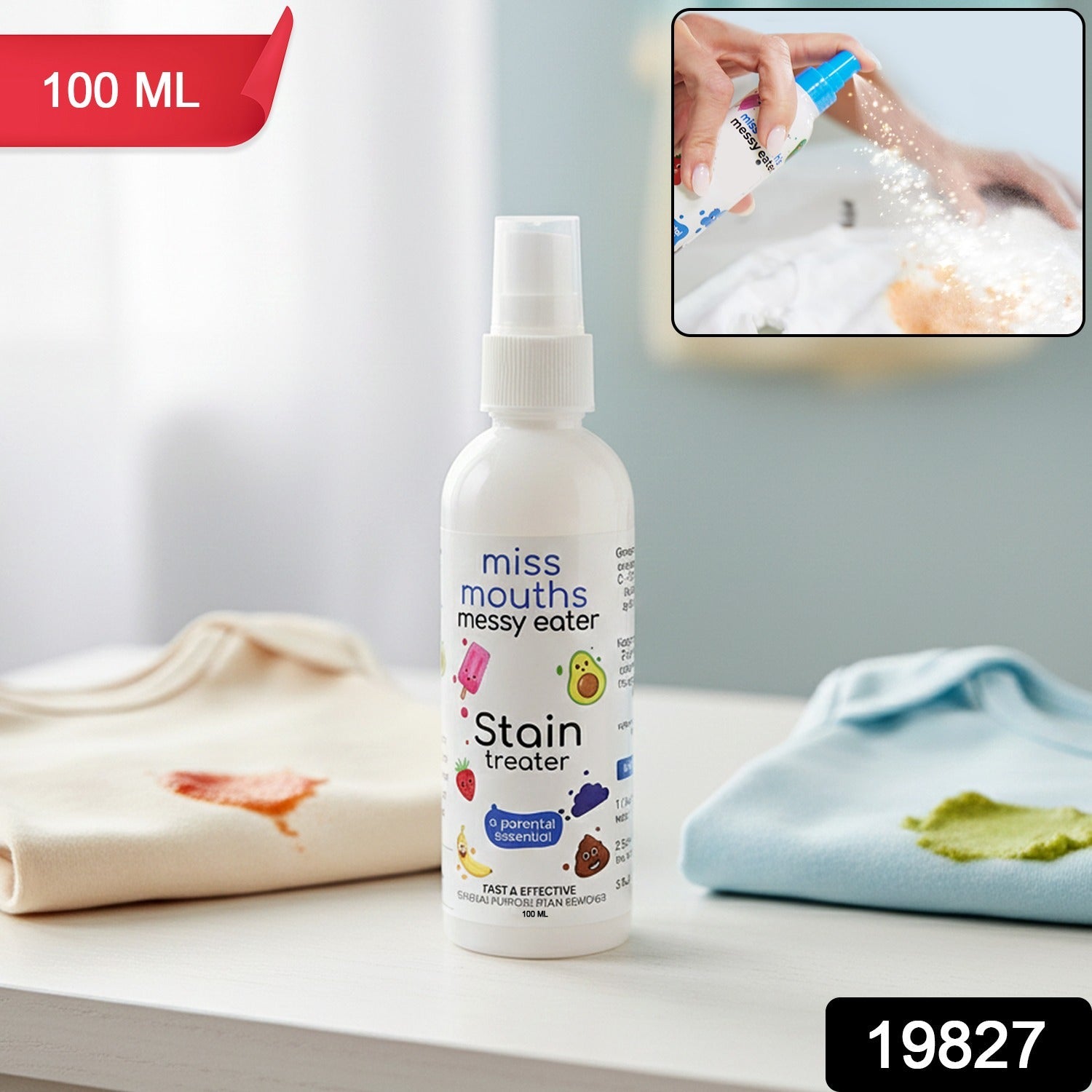 Spray cleaning solution removing stains from clothes using Instant Stain Remover