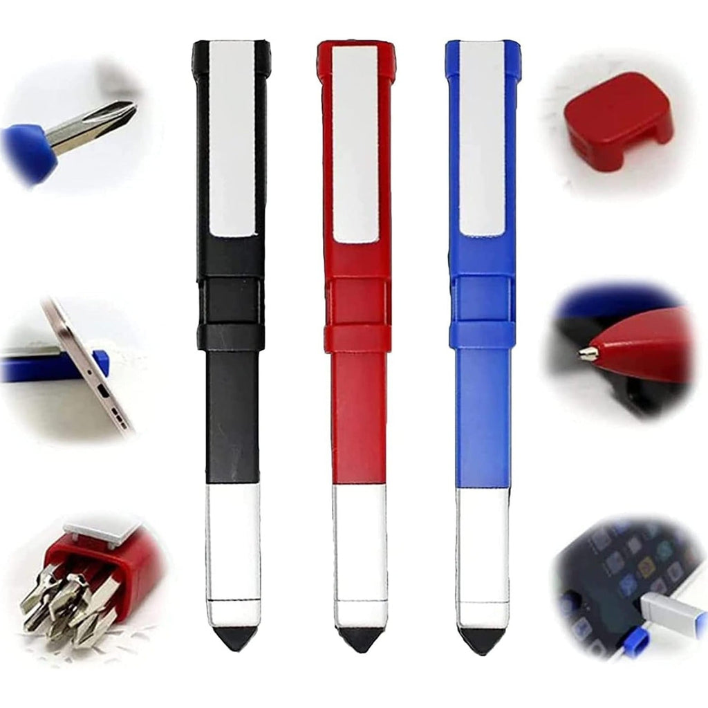 Versatile Multi-Function Pen with integrated screwdriver set and capacitive stylus.