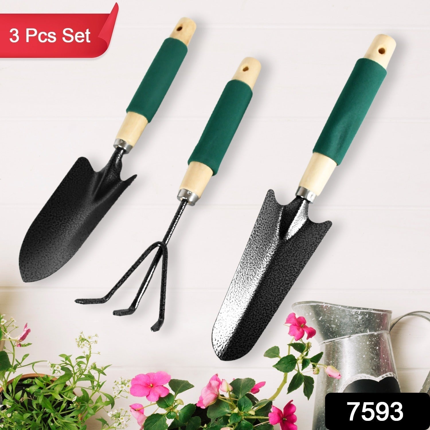 Close-up of the durable steel heads and ergonomic wooden handles of the gardening tools.