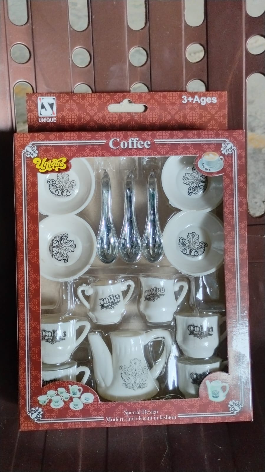 Packaging for the Tickles coffee and tea kitchen play set, showing contents.