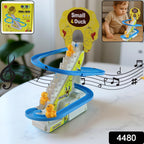 Happy duck climbing stairs and sliding on the interactive toy