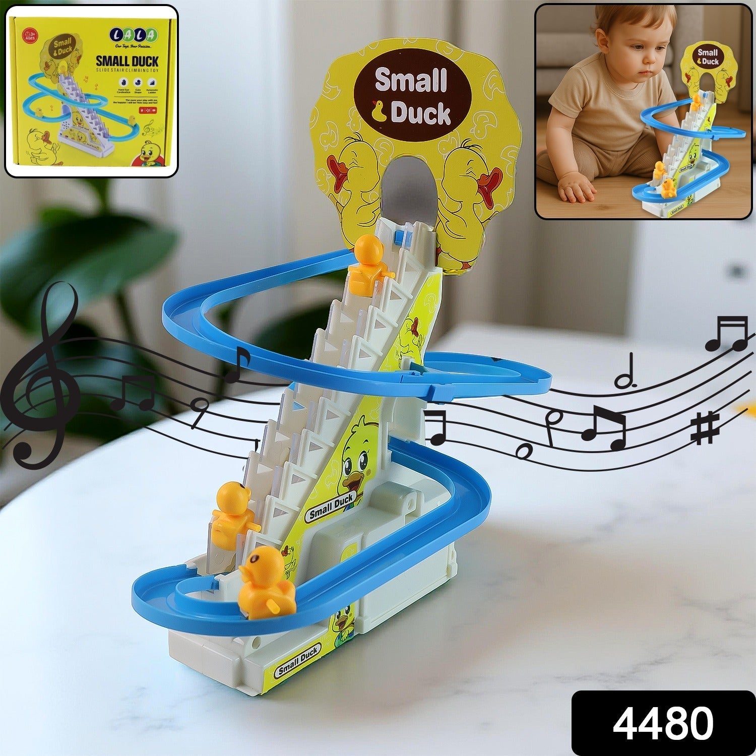 Happy duck climbing stairs and sliding on the interactive toy