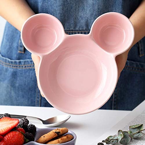 Top-down view of a colorful Mickey shaped kids plate for snacks.