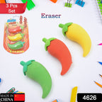 A child's hand holding a red chili shape eraser, showing its compact size.