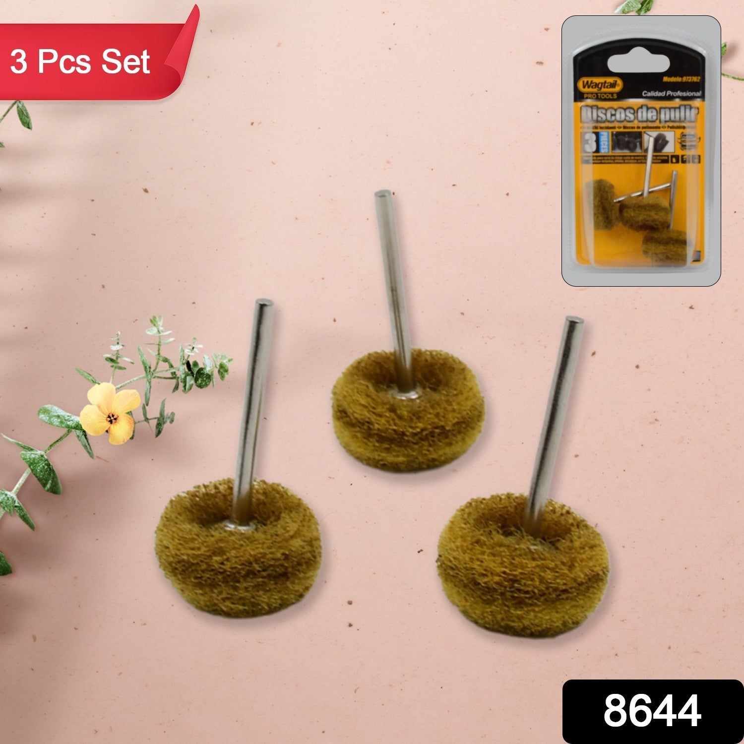 Three abrasive buffing wheels from the set, ready for use.