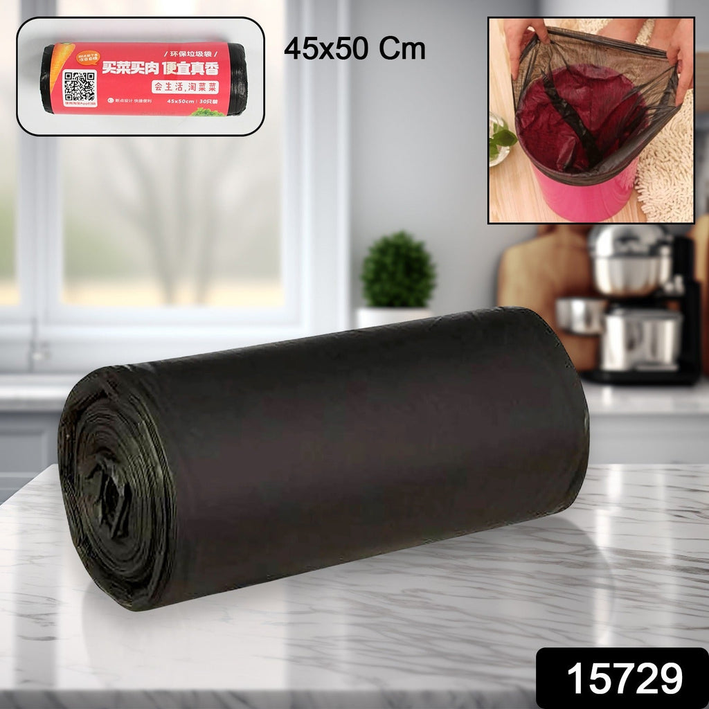 A clear image of an unrolled black trash bag, highlighting its generous size and material quality.