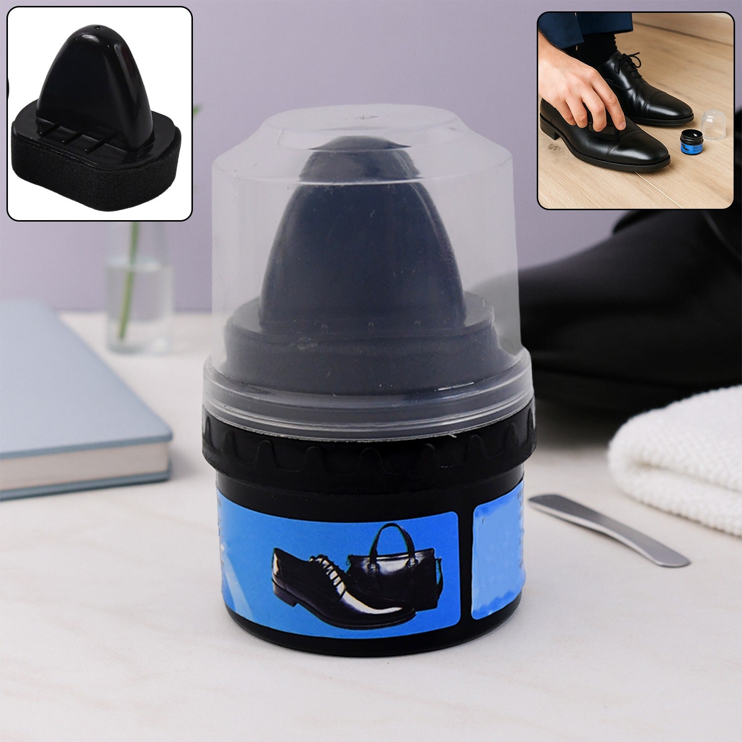 Close-up image of instant shoe shine sponge for leather care