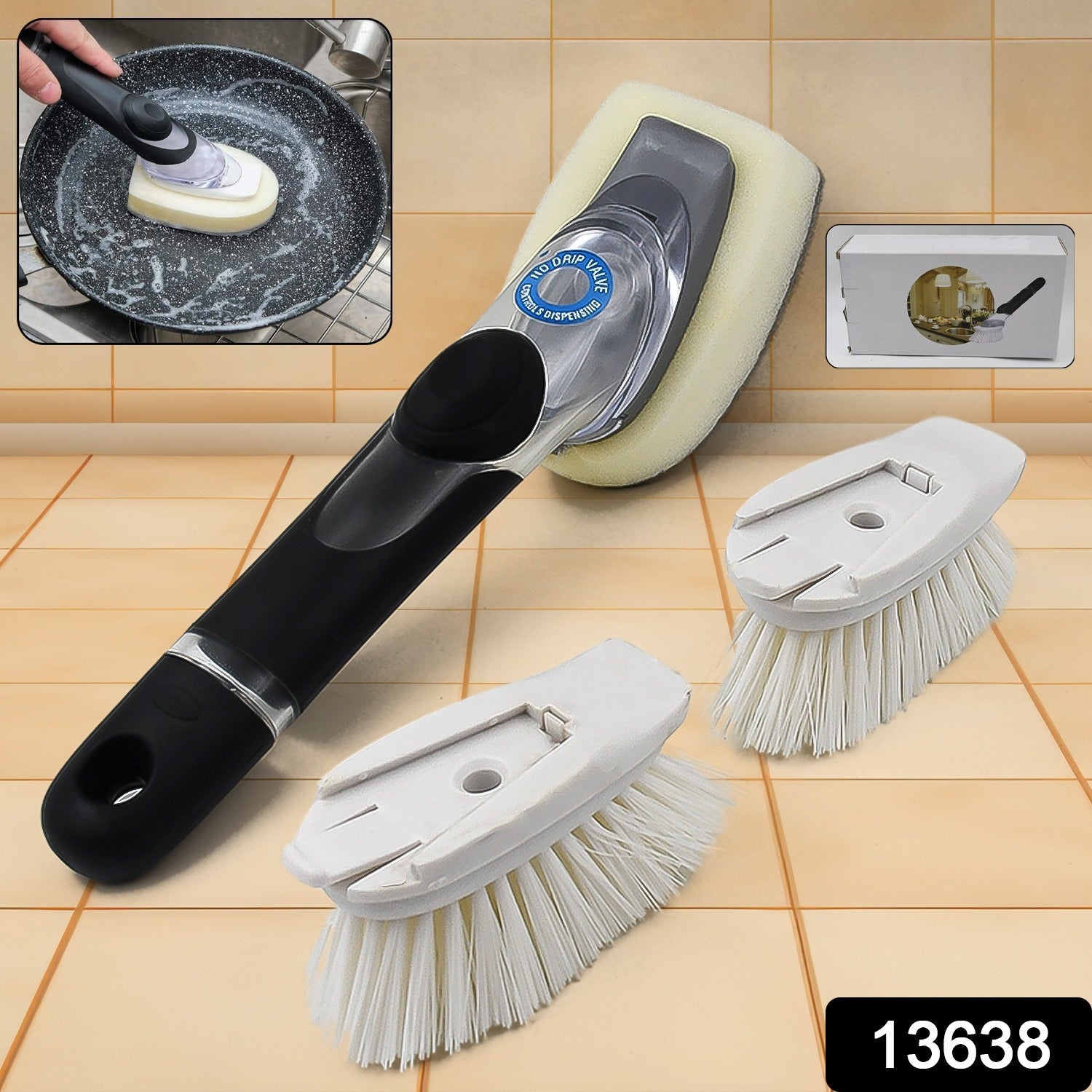 Ergonomic handle of the soap dispensing dish brush demonstrating easy soap release.