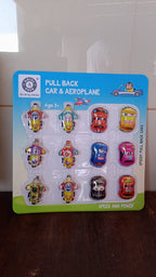 Group of vibrant mini pull back car and aeroplane toys arranged together.