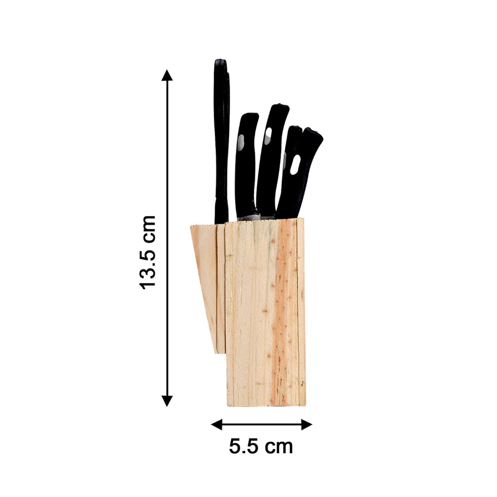 Professional kitchen knives set with black handles and wooden storage block