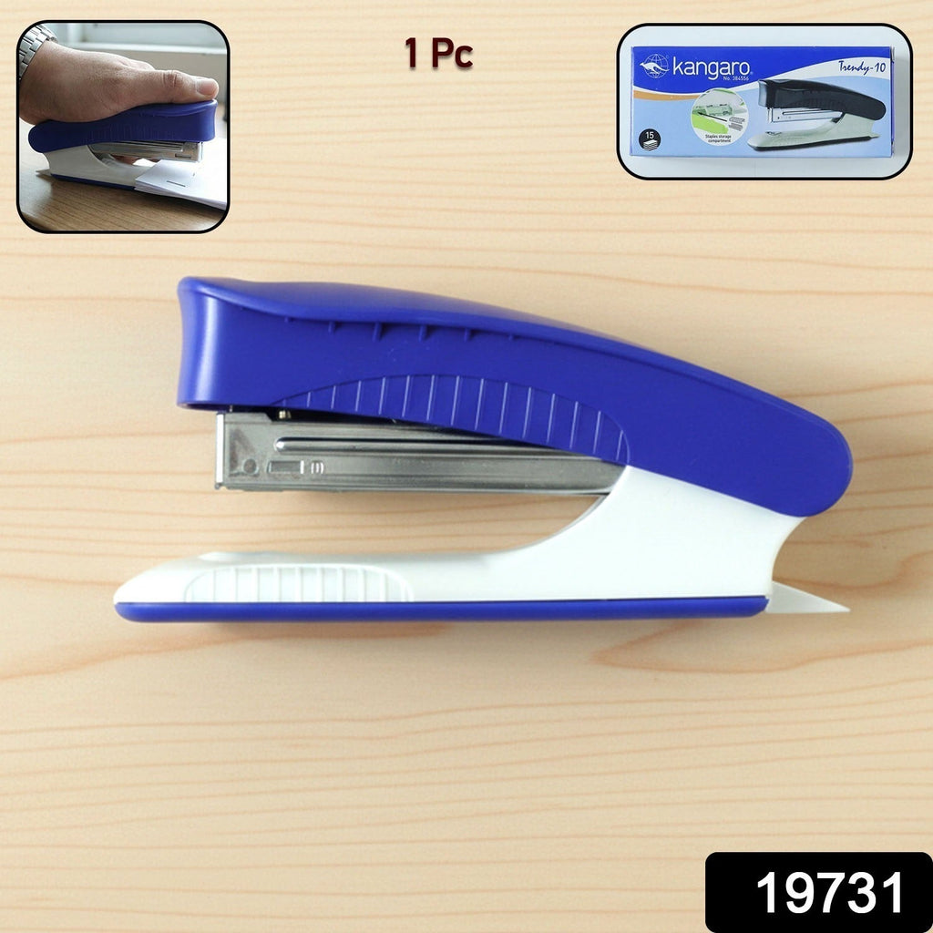 Close-up of Kangaro manual stapler showing ergonomic grip and metal mechanism