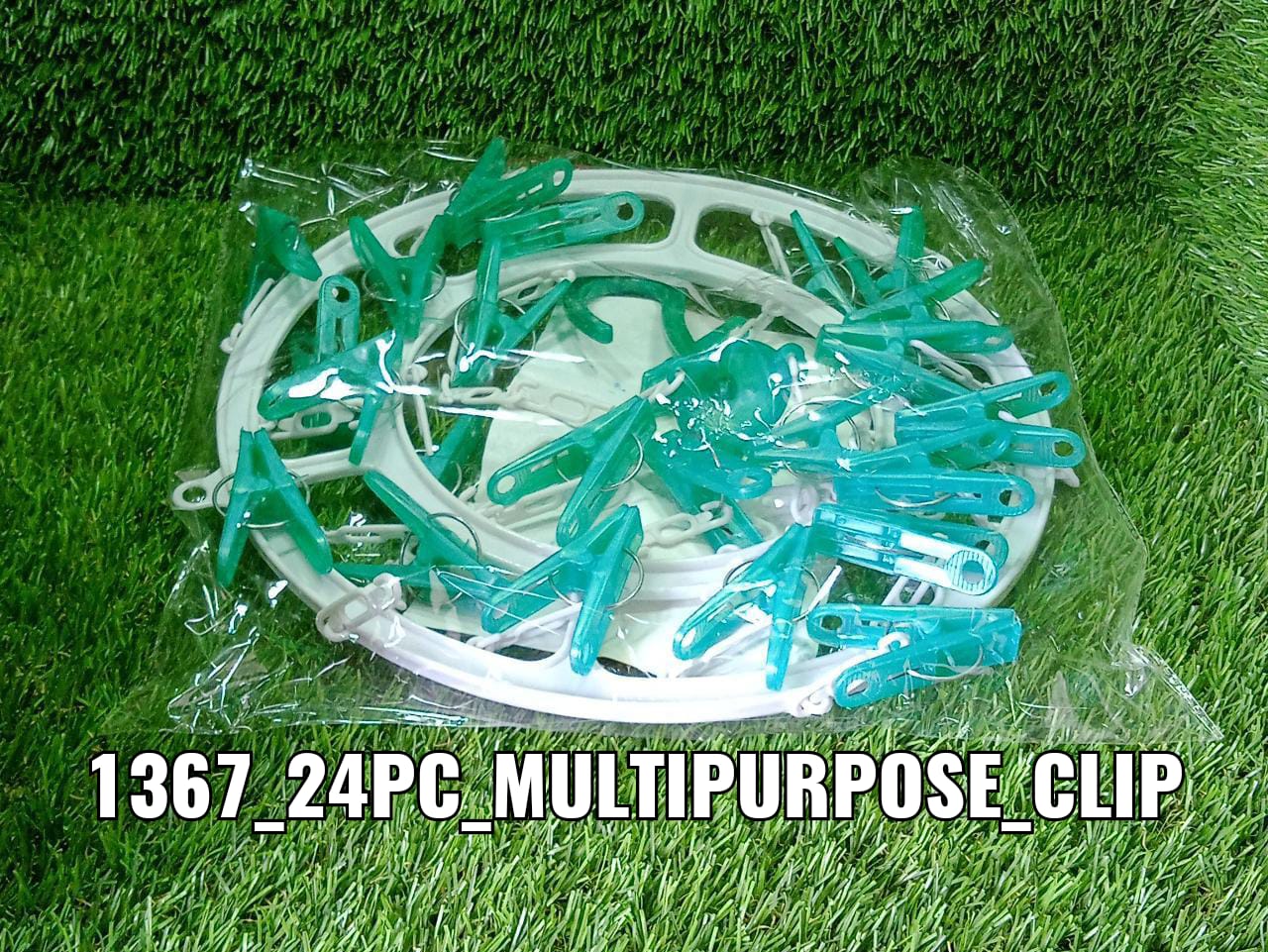 Multicolour round cloth drying stand with 24 plastic clips, ready for use.