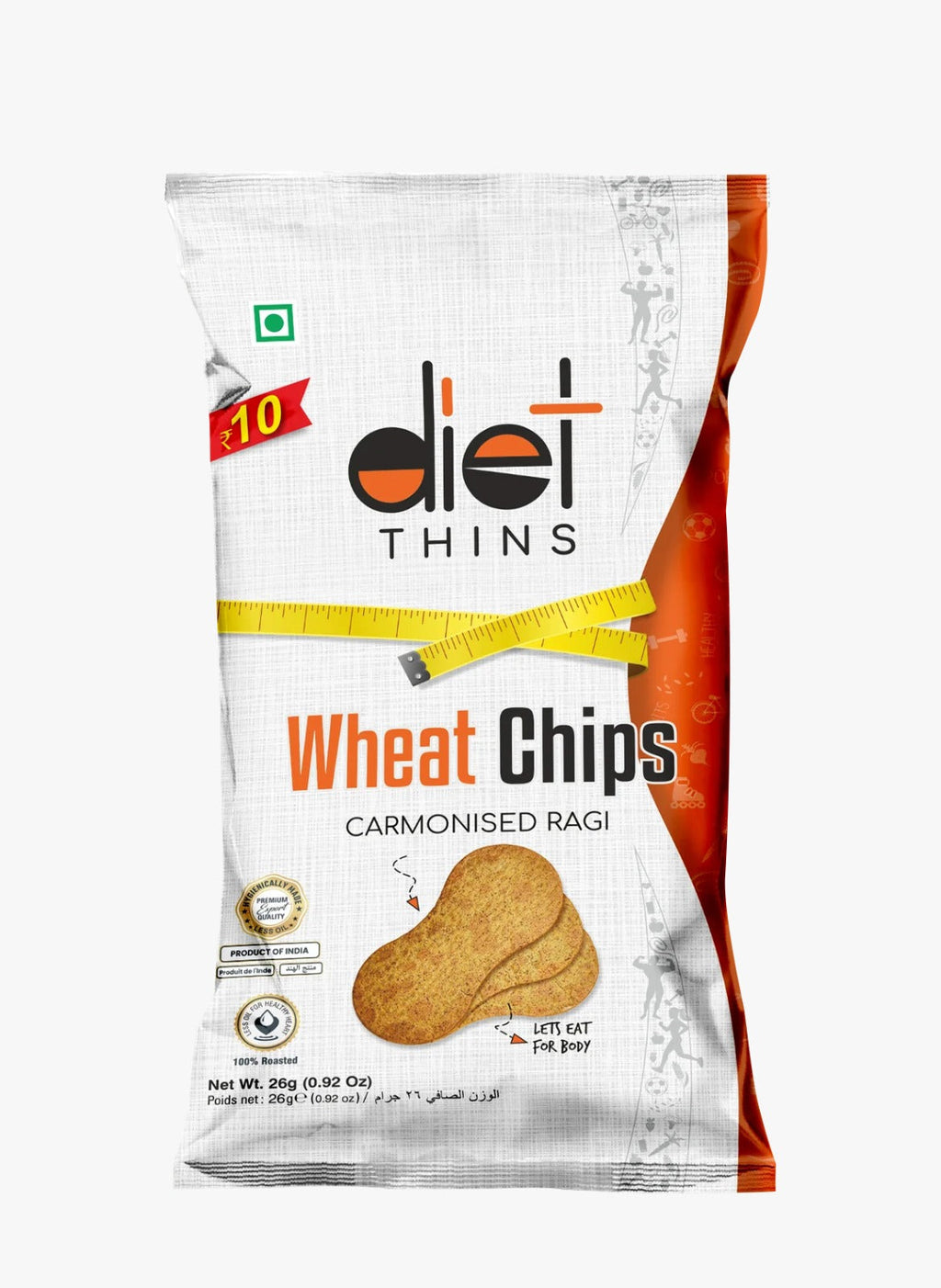 Maniarr's Carmonised Ragi Diet Thins 26g pack, showing crispy millet snacks.