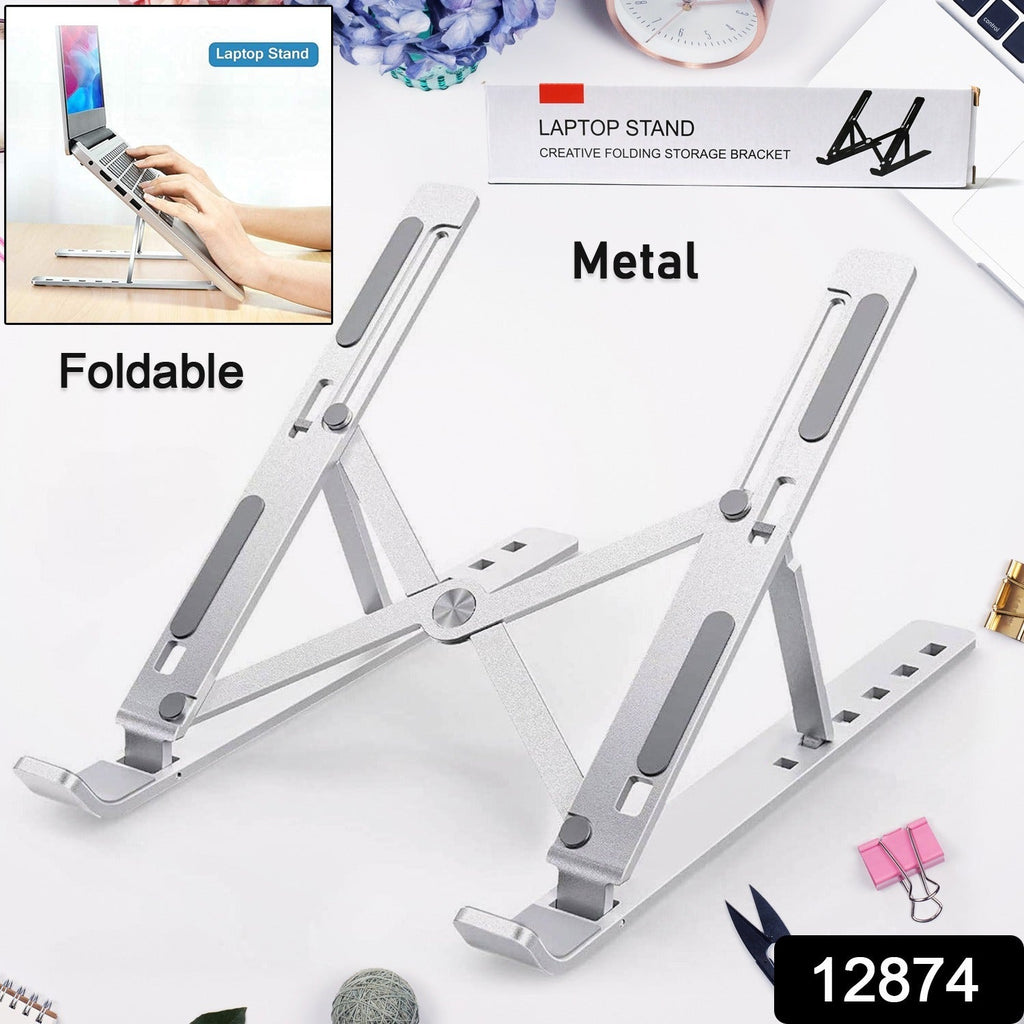 An ergonomic metal laptop stand supporting a laptop, promoting better posture during work.
