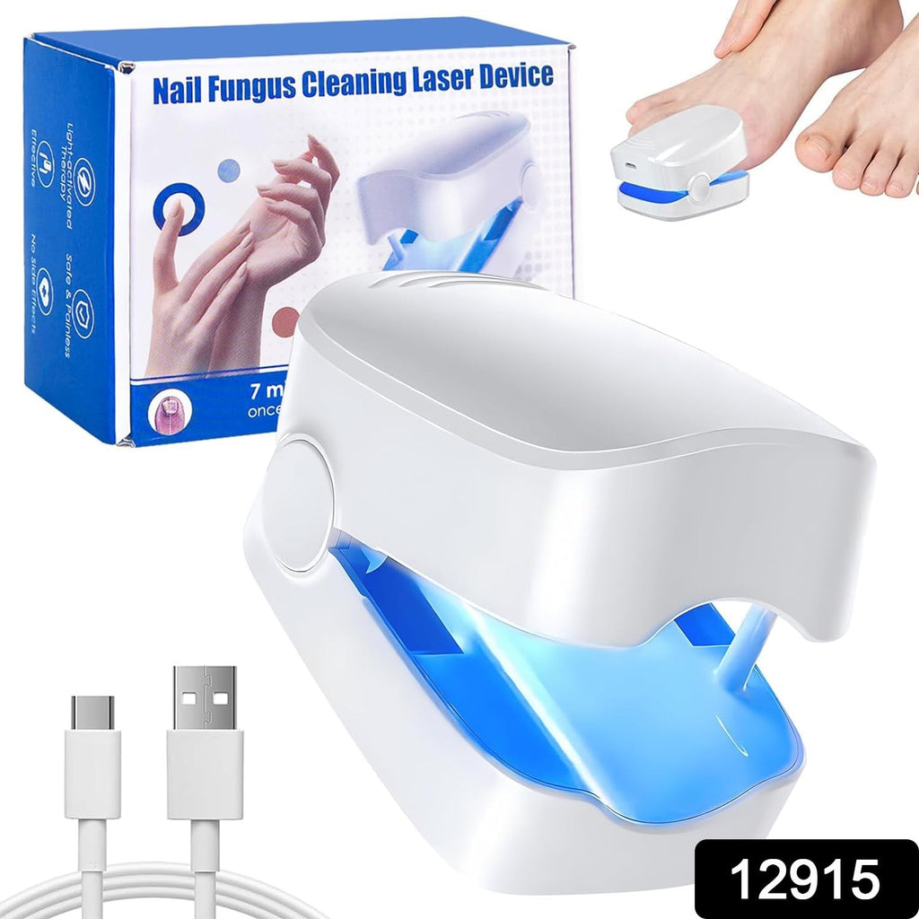 User applying the portable AuriGlam Nail Fungus Laser Treatment device to a toenail.
