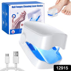 User applying the portable AuriGlam Nail Fungus Laser Treatment device to a toenail.
