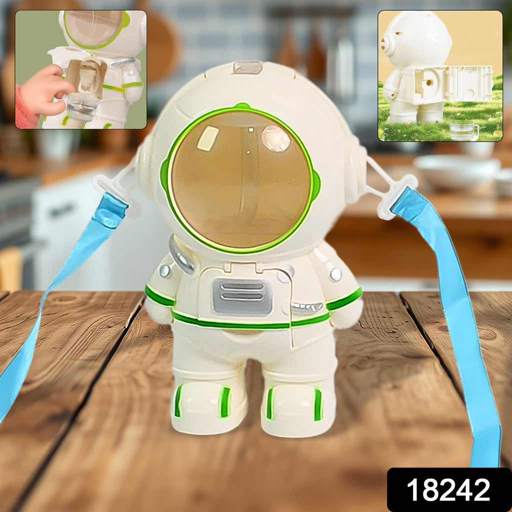 Close-up of the kids astronaut water bottle showing the hidden squeezable silicone cup.