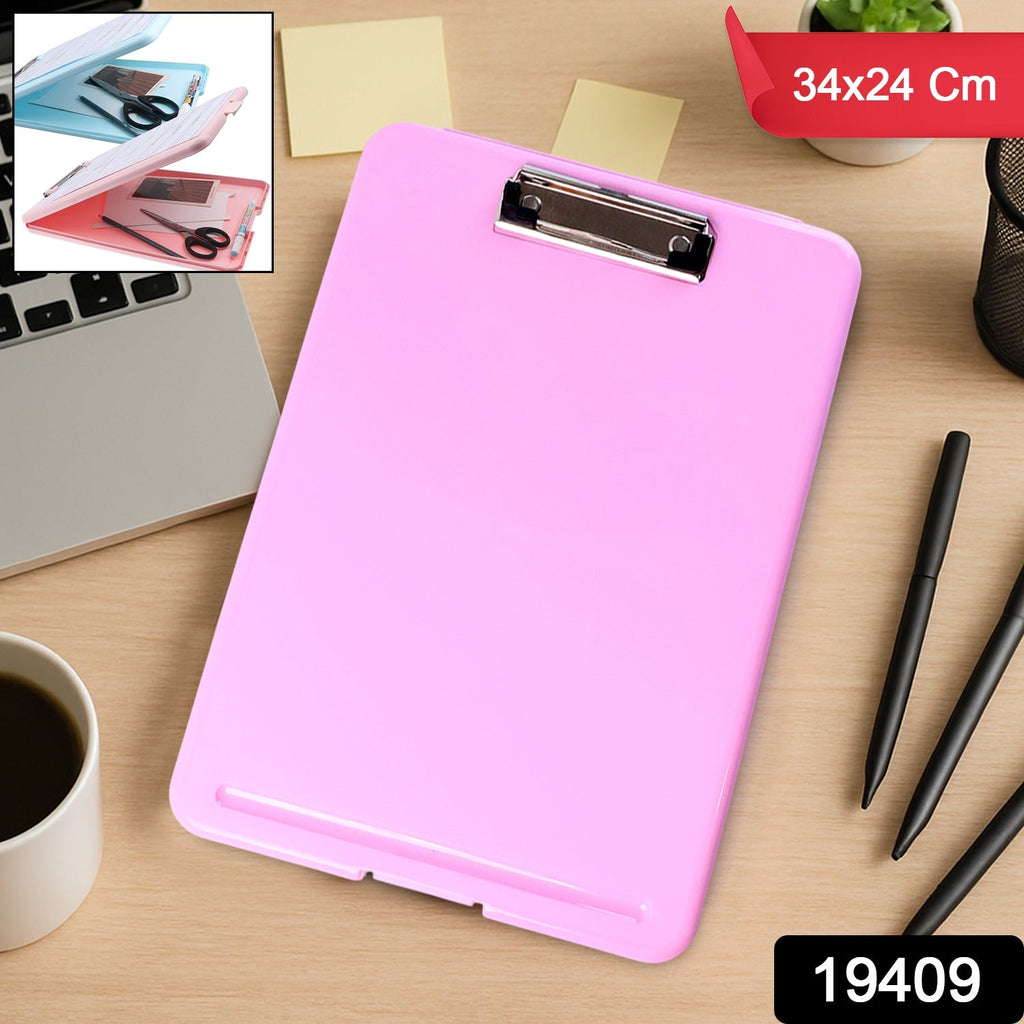 Close-up of stainless steel clip on a durable A4 clipboard with storage compartment