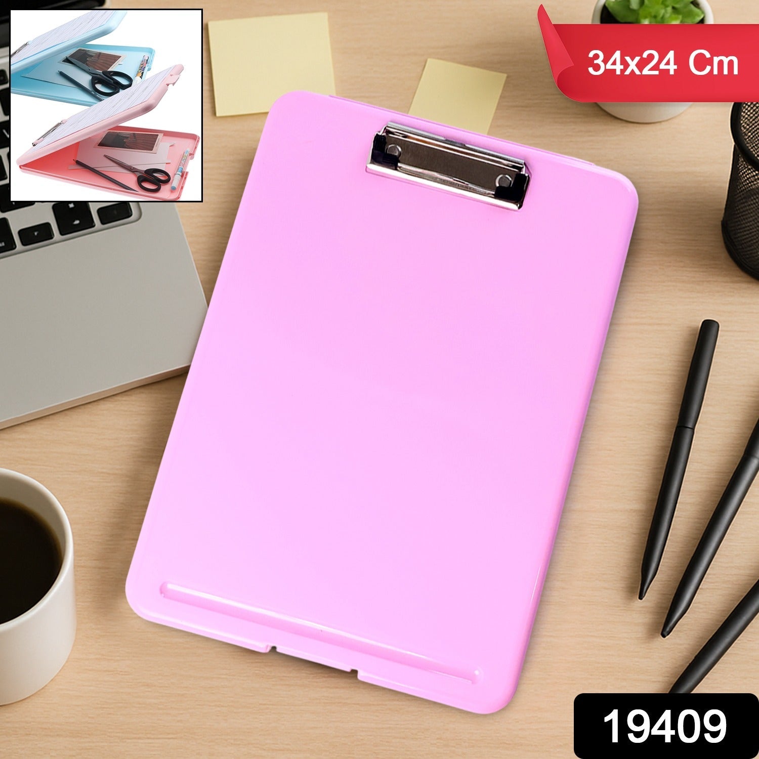 Close-up of stainless steel clip on a durable A4 clipboard with storage compartment