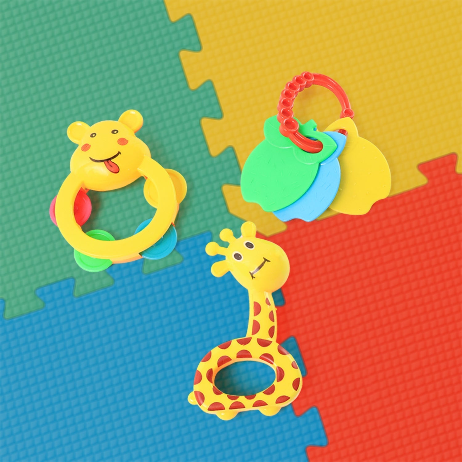 Baby rattle toy with soft grip and rounded edges for safe handling