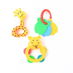 Bright and colorful baby rattles with textured teething surfaces