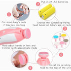Close-up view of the electric baby nail trimmer with various grinding heads attached.