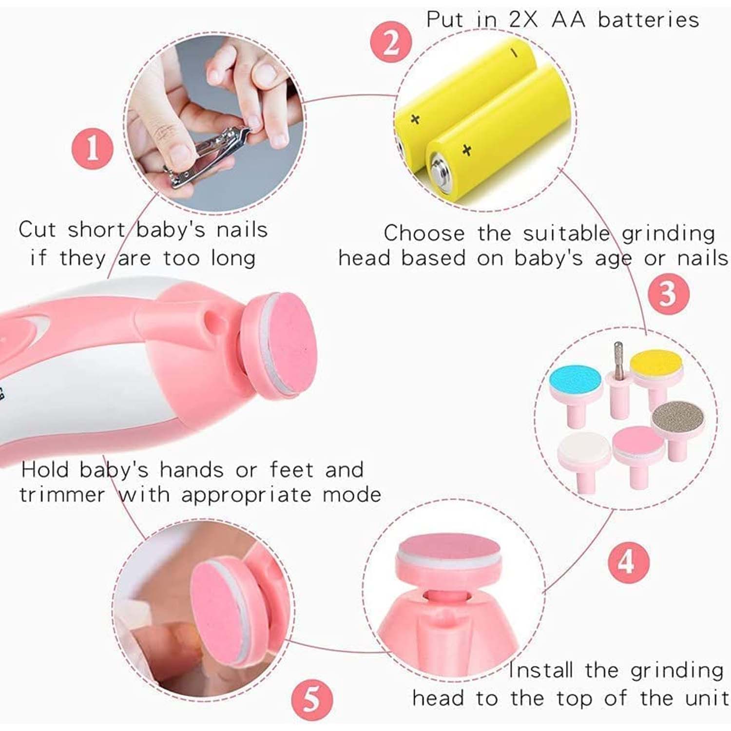 Close-up view of the electric baby nail trimmer with various grinding heads attached.