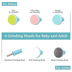 Features of the electric baby nail trimmer, highlighting its quiet motor and soft LED light.